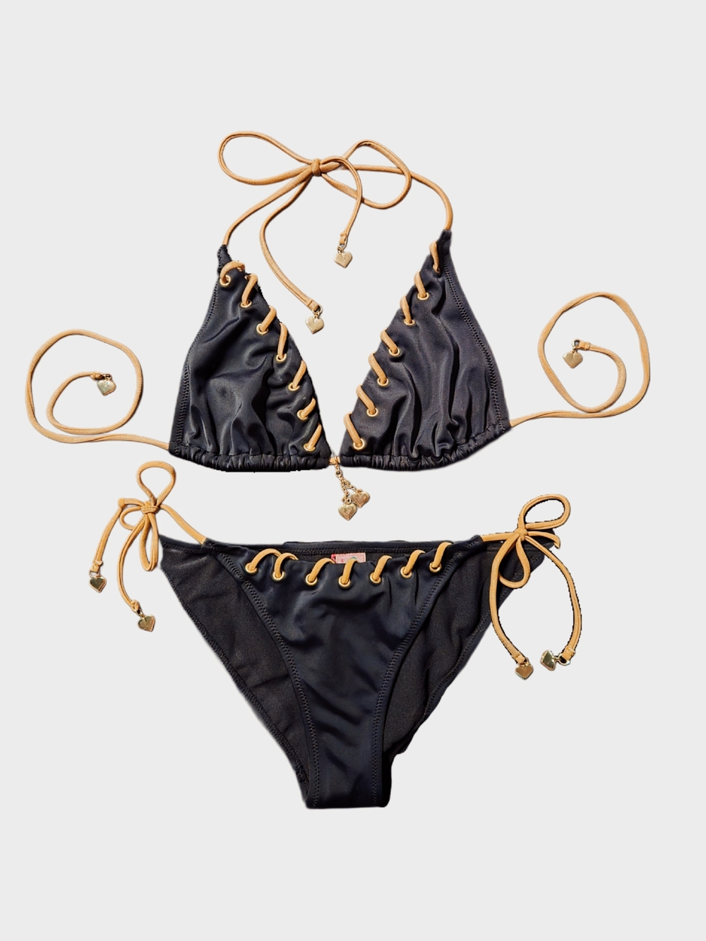 Y2k Black and Gold Lace-Up Triangle Bikini Set!